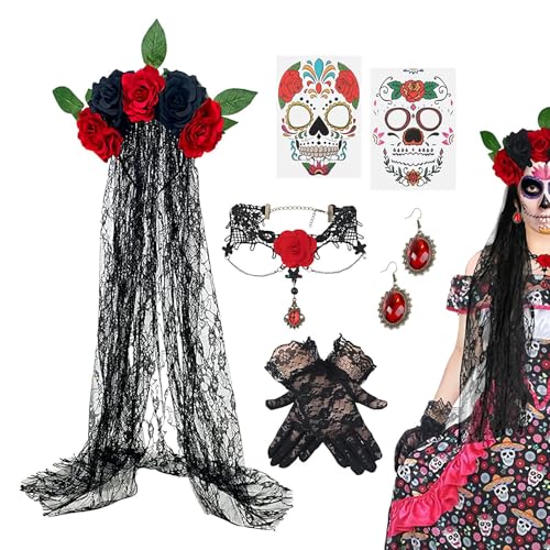 Genérico Día de Disfraz, Set de Velo y Pendientes del Día de, Guantes de Encaje Velo Aretes Collar para Mujeres Fiesta de Halloween Adultos
