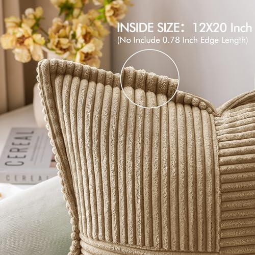 Image of MIULEE Decorative Lumbar Throw Pillow Covers for Couch Bed Livingroom 12x20 Inch Set of 2 Khaki Boho Accent Throw Pllows Broadside Striped Patchwork Soft Corduroy Pillowcases