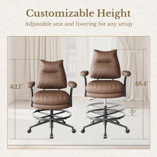 Image of Drafting Chair, Tall Leather Office Desk Chair, Vintage Brown | Extra Thick Cushion, Padded Flip-Up Armrests, Mid-Back Cushioned Seat, 360 Swivel Rolling Computer Desk Chair