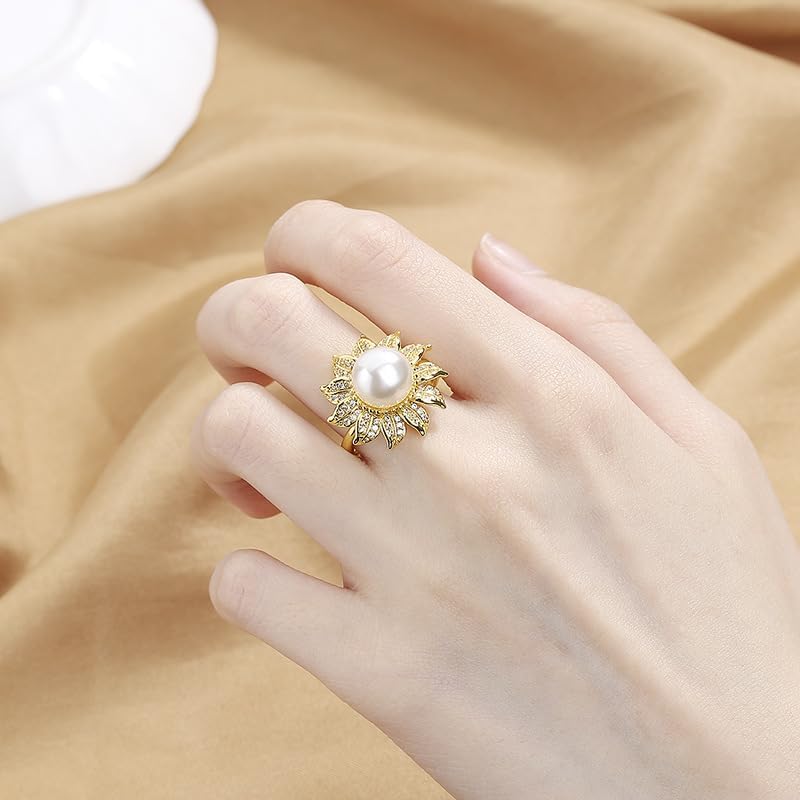 18k Gold Sparkling Freshwater Pearl Ring for Both Men and Women, Women's Grand and high-end Feeling, Sunflower Flower Flower Index Finger Ring Jewelry-Making-Patterns Size 8