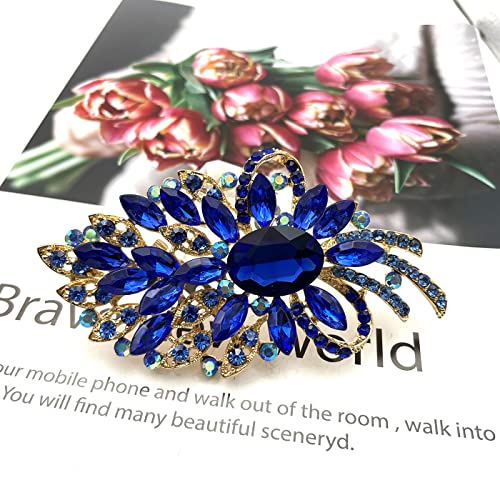 Image of YOQUCOL Vintage Blue Austrian Crystal Rhinestone Leaf Shape Big Large Brooch Pin for Women Girls