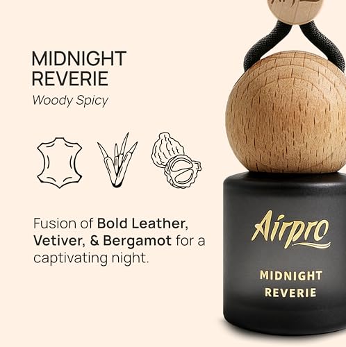 Image of Airpro Veil Midnight Reverie Wooden Hanging Car Air Freshener | Woody Spicy Car Perfume Hanging Pod | Glass Bottle with Wooden Diffuser | Long Lasting Luxury Car Perfume | Natural Fragrance | 8ml