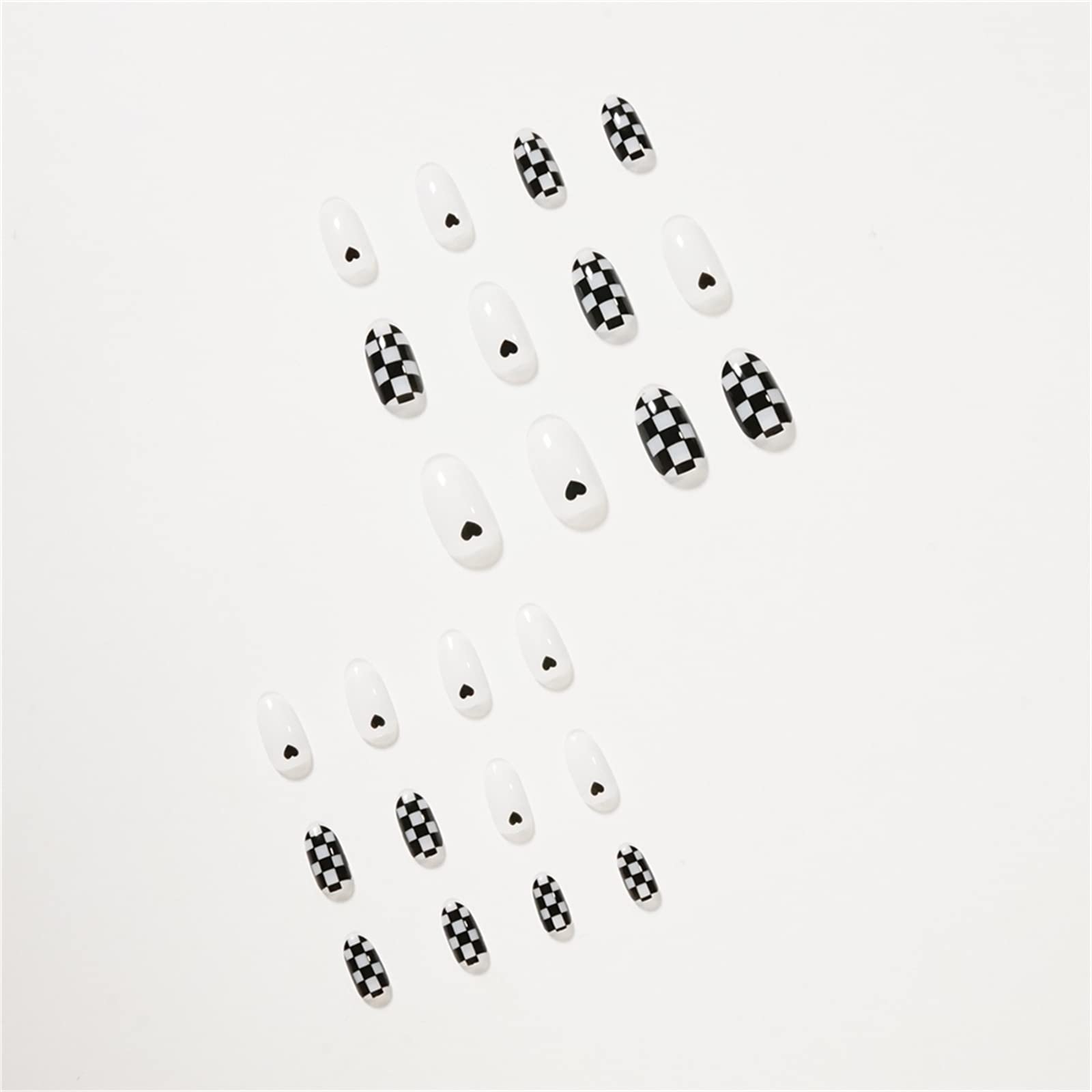 Falsche Nägel, kurz, scharf, vollständig deckend, Kleber enthalten, Herz und Schachbrett, zum Aufdrücken der Nägel, 24 Stück Nail Art Tip mit Box für Nagelstudios und DIY-Nagelkunst für Frauen