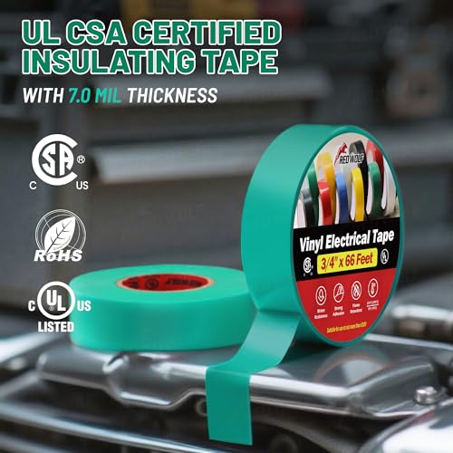 Image of RED WOLF 10 Pack Green Electrical Tape 3 /4 Inch x 66 Ft Industrial Grade UL /CSA Listed 7 Mil Thick Flame Retardant High Temp Waterproof Electrical PVC Tape Electric Super Vinyl Rated 600V