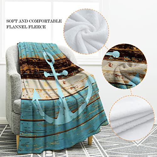 Jekeno Nautical Anchor Blanket Rustic Wood Anchor Print Gifts for Women Kids Boys Men Home Bedroom Living Room Decor Soft Cozy Lightweight Throw Blankets Blue 50"x60"