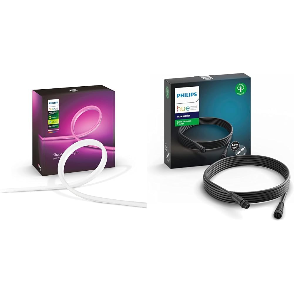 Philips Hue White & Color Ambiance Outdoor Lightstrip 2m 684lm, dimmbar & Niedervolt-Verlängerungskabel, für alle Hue Niedervolt Aussenleuchten, 5m