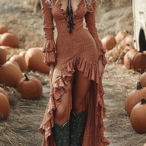 Women's Sexy Deep V Long Sleeve Western Dress Fall Casual Asymmetrical Hem High Low Long Dress3
