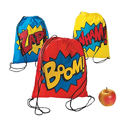 Superhero Drawstring Backpack Bags, Set of 12 - Comic Theme Birthday Party Favors, Giveaways and Handouts