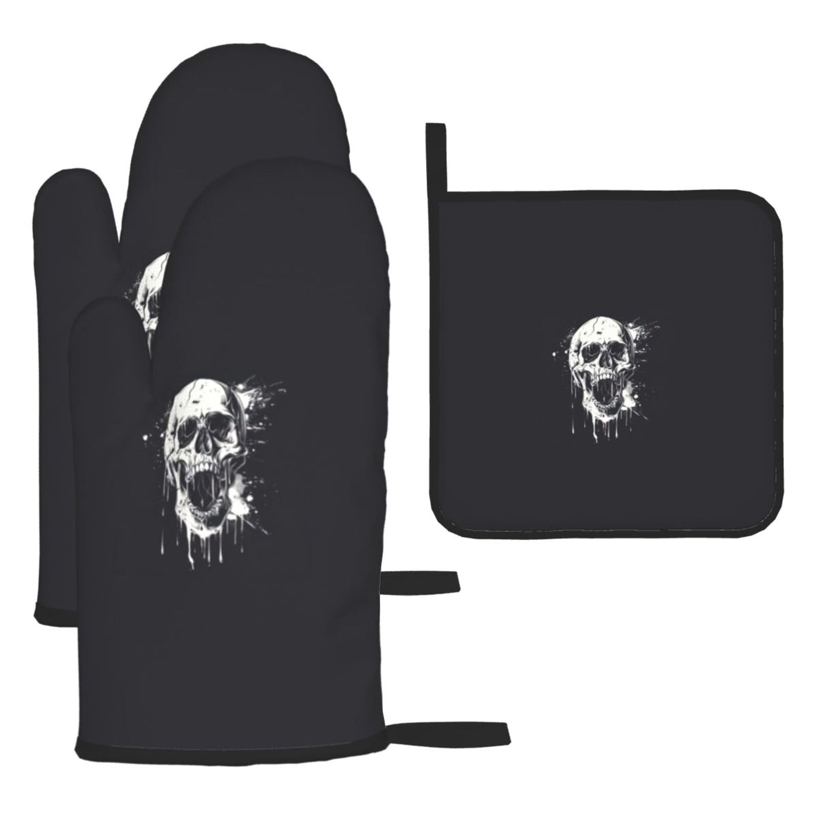 Horror Ghost Skull Print Oven Mitts Kitchen Gloves Set Everyday Baking Grilling Microwaving Cooking Gift