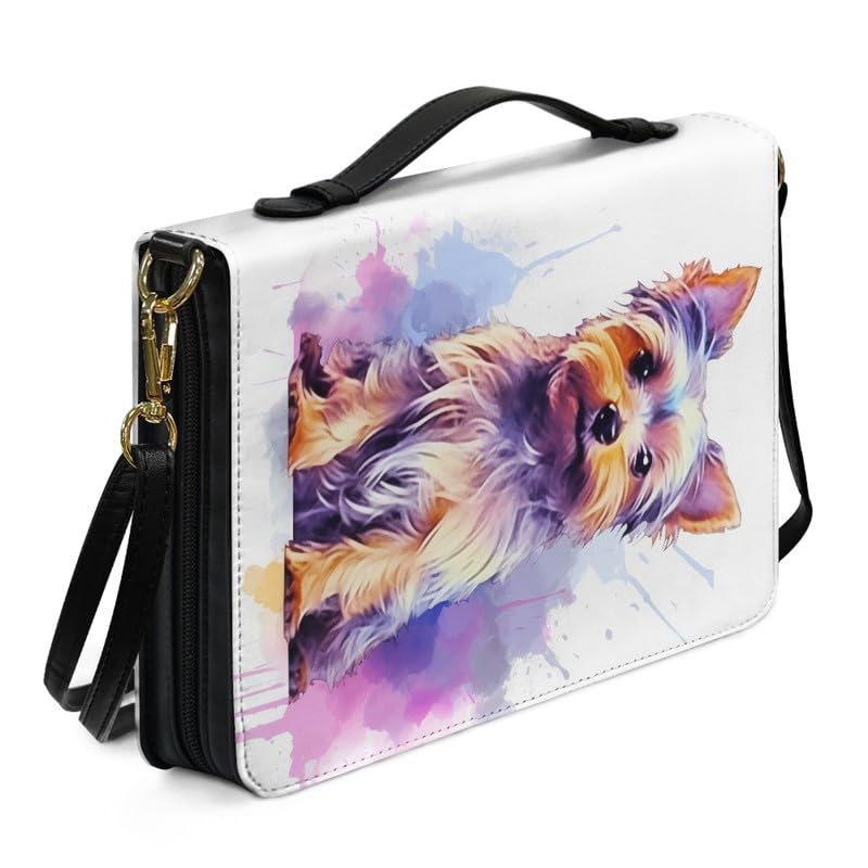 Kuiaobaty Watercolor Dog Pattern Bible Cover with Zipper Shoulder Strap Splash Painting Puppy PU Leather Bible Protective Bag for Women, Church Case