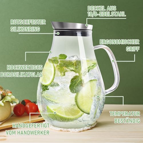 SUSTEAS 2.0 Litre Glass Jug with Lid, Water Carafe Jug for Hot/Cold Water, Iced Tea and Juice Drink, 1 Long-Handled Brush Included - Image 4