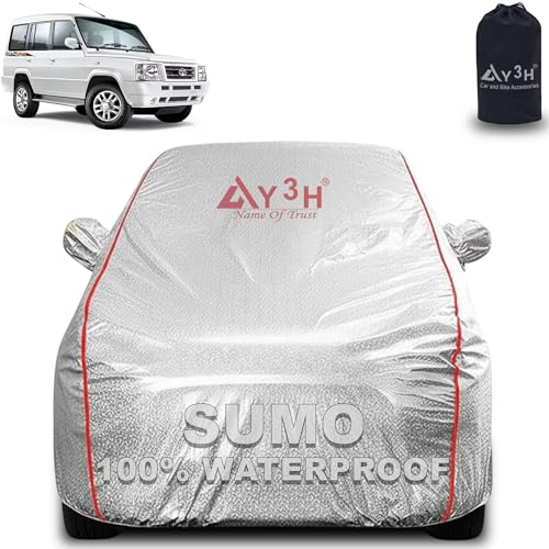 Image of 100% Waterproof Car Cover Compatible with Tata Sumo | All Weather, Dust Proof, UV Protective with Mirror Pocket (Silver Magic)