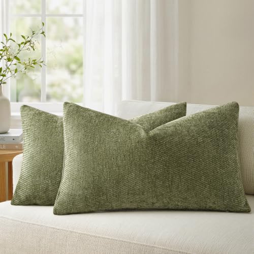 Image of a moment Pack of 2 Decorative Chenille Throw Pillow Covers with Twill Cushion Covers for Sofa Living Room Couch Bed 12x20 Inch Moss Green