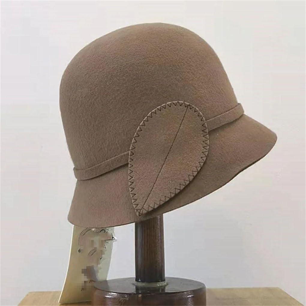 Cappello invernale da donna in tinta unita in lana caldo cappello alla benna con foglie decorare signora chiesa partito cloche cappello a bombetta