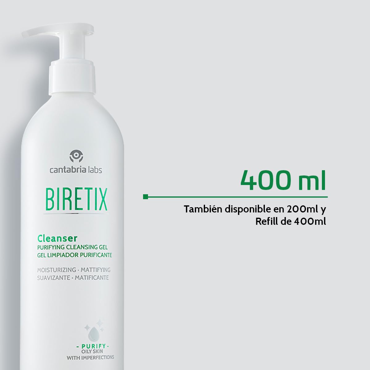 Cantabria Labs – Biretix Cleanser – Limpiador Purificante 400 ml – Para Piel Mixta, Grasa y con Tendencia Acneica – Limpieza Diaria que Regula Grasa y Elimina Impurezas