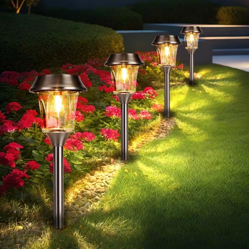 Solar Pathway Lights Outdoor Waterproof, 4 Pack Glass & Stainless Steel Landscape Lighting, Dual Brightness 12/25 Lumens Warm White, Auto On/Off IP65 Solar Powered LED Lights for Yard, Porch, Garden