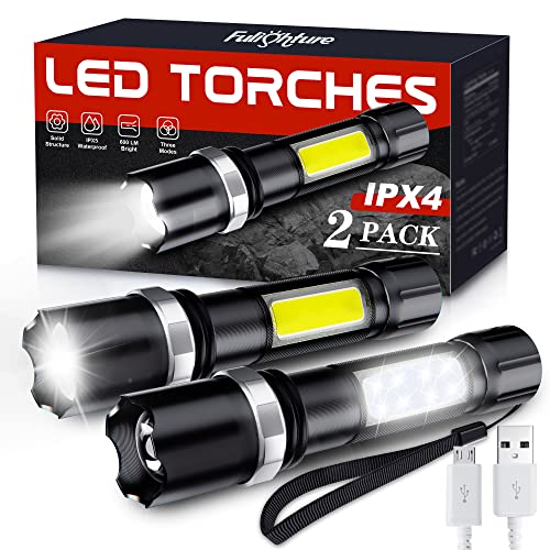 Fulighture Lampe de poche LED 600 lm avec 3 modes de charge USB Lampe de poche LED étanche IPX5 pour camping, extérieur, randonnée, pêche (2 pièces) Cover