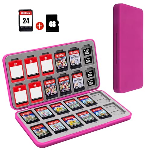 Image of FYY Nintendo Switch Game Case Holder for Switch 2 Cartridge Case with 24 Game Card Slots & 48 Micro SD Card Slots, Hard Shell, Silicone Lining Magenta