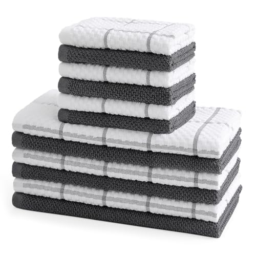 QAJ 12 Pack Kitchen Towels and Dishcloths Set, 100% Cotton Soft and Absorbent Kitchen Towels 16 x 25 inche & 13 x 13inche Dishcloths
