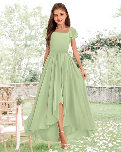 Ruffle Sleeves Junior Bridesmaid Dresses Long Chiffon High Low A-Line Flower Girl Dress for Girls2