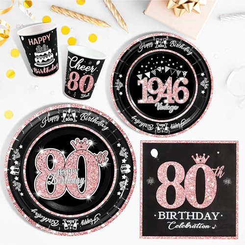 Image of 80th Birthday Decorations Rose Gold, Service for 30, Vintage 80th Birthday Party Supplies Includes Rose Gold 1946 Plates, Napkins,Cups, Plates and Napkins for Women