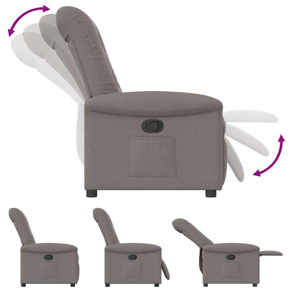 Relaxsessel Taupe Stoff, verstellbar bis 135 Grad, mit Armlehne und Rückenlehne, Holz Metall Gestell, gepolstert für Wohnzimmer Büro Gästeecke, 77 x 91,5 x 96 cm