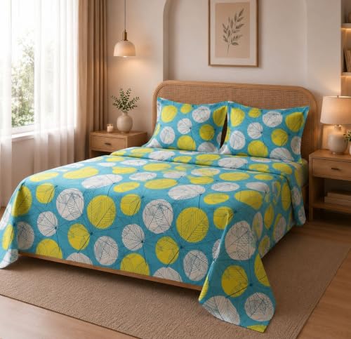 Image of HOMEKART Glace Cotton 160 TC Football Printed Double Bedsheet with 2 King Size Pillow Covers | Soft & Durable | 86 x 88Inches (Yellow & Green)