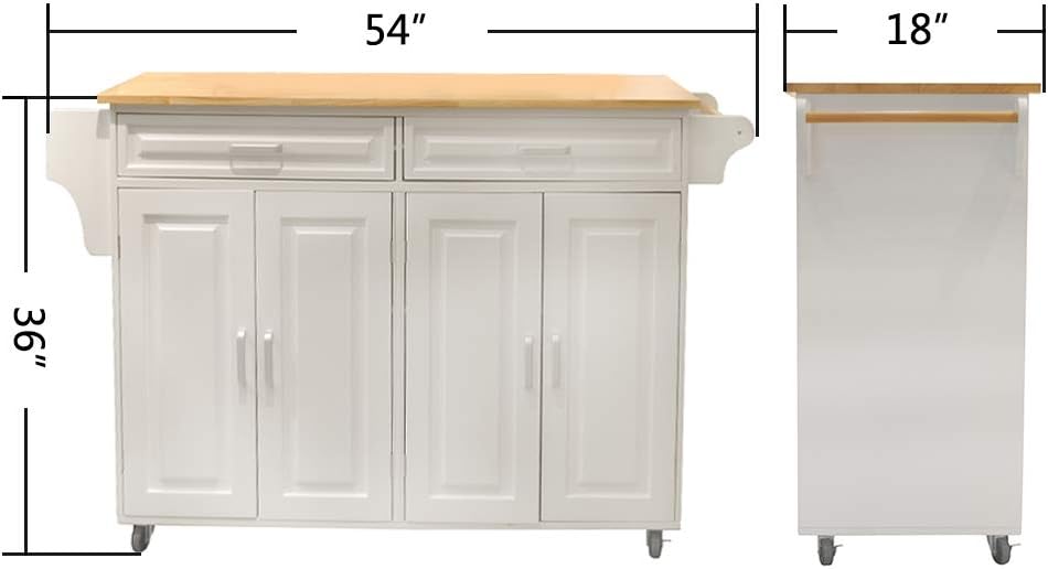 DHHU 54" Kitchen Island Cart on Wheels With 2 Large Drawers, Adjustable Shelf Inside Cabinet, Spice Rack & Towel Rack
