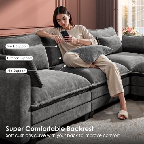 Image of Marsail Modular Sectional Sofa 110.6 inch U-Shaped Modern Comfy Cloud Couch, 5-Seat Chenille Deep Seat Sofa with Throw Pillow & Movable Ottoman for Living Room, Bedroom and Apartment, Grey