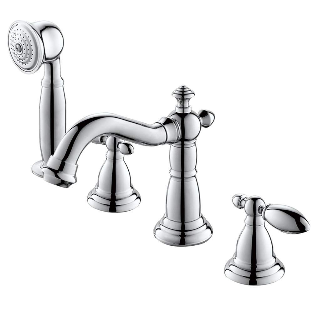 Grifo para Lavabo de baño con Ducha de Mano, latón Macizo, 4 Orificios, Agua fría y Caliente, Grifo Mezclador para Lavabo de Montaje en Cubierta, Dorado (Cromo)