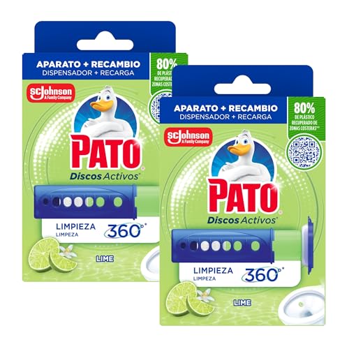 Pato Discos Activos WC Lima, Limpieza y Frescor para el Inodoro, Eficacia 360°, Aroma Lima, Pack de 2 Aparatos + 2 Recambios