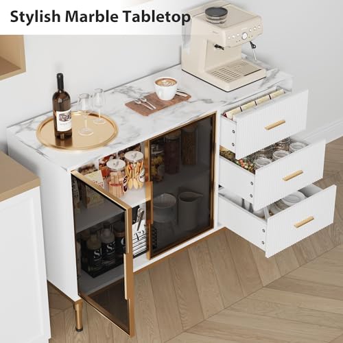 GAOMON Buffet Sideboard Cabinet with Storage, 46.4" Large Fluted Kitchen Sideboard Cabinet with 2 Glass Doors 3 Drawers and Shelves, Faux Marble Top Buffet Table for Dining Room, Living Room, White