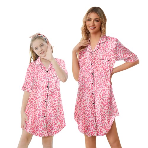 Image of Schbbbta Girls & Women Silk Nightgown, Short Sleeve Button Down Satin Nightshirt Pajama House Dress, 3 Years- Women 2XL