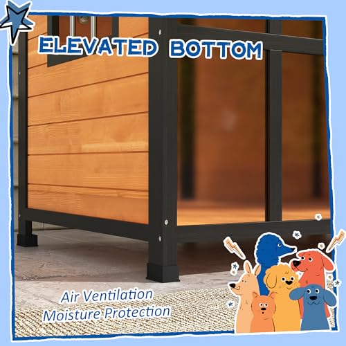 PawHut Outside Cabin-Style Wooden Dog House for Large Dogs with Openable Roof & Giant Window, Outdoor & Indoor Big Dog House, Asphalt Roof, Yellow - Image 6