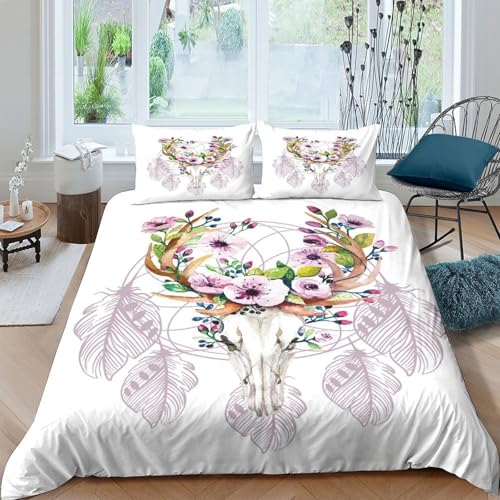 Housse de couette fermeture éclair crâne de cerf fleuri résistante 140x200 - 4