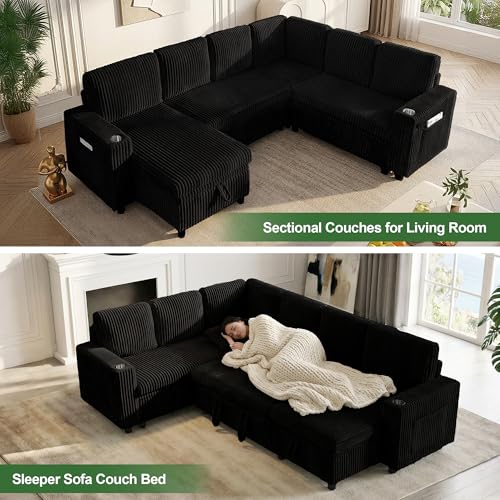 Image of Oversized Sectional Couch, Sectional Sleeper Sofa with Pull Out Bed, L Shaped Corduroy Couch for Living Room, Convertible Sofa Bed for Living Room, Bedroom and Apartment, Black