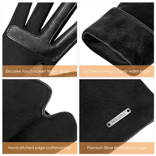 HOLDINA Damen Winter Handschuhe Warm, Touchscreen Leder, Fleece Gefüttert (Khaki-L)