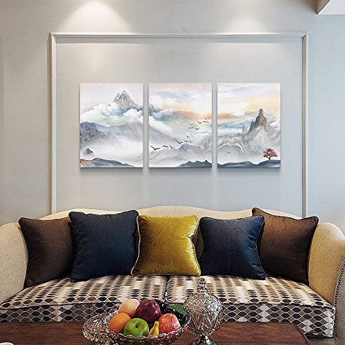 Image of Mountain Landscape Abstract Painting Canvas Wall Art For Living Room Bathroom Wall Decor For Bedroom Kitchen Artwork Canvas Prints 3 Pieces Modern Framed Office Home Decorations Watercolor Picture