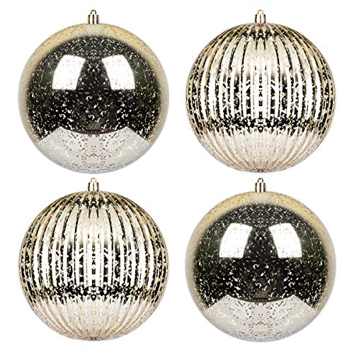 KI Store Christmas Ball Ornaments Champagne 6-Inch Set of 4 Extra Large Hanging Tree Ball Ornament Decorations Super Large Shatterproof Vintage Mercury Balls