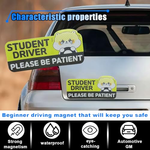Image of Student Driver Car Magnet, Please Be Patient Reflective Magnetic Sticker, Removable New Driver Magnet Car Bumper Sticker, Cute Cartoon Pattern Safety Warning Sign for New Drivers (Kitten 2)