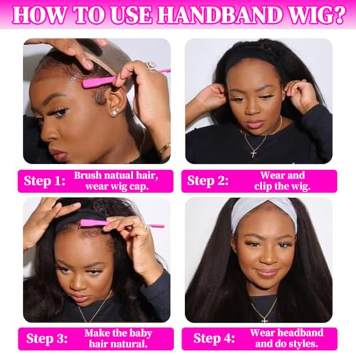 Image of 200 Density Kinky Straight Headband Wig Human Hair 26 Inch Yaki Straight Half Wig Human Hair None Lace Front Wigs for Black Women Natural Color, 100% Human Hair, No Shedding