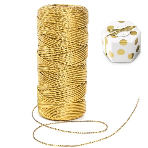 Hilo Dorado Metálico,1.5mm Sin Elastici Cordon Dorado Cordón Metálico Hilo Dorado Cordón Hueco para Carteles Colgantes,Manualidades y Crochet Cuerda Decorativa para Etiquetas,Regalos Decoración