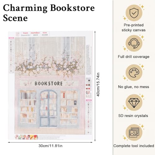 Image of HASTHIP 5D Diamond Painting Kit for Adults 40x30cm, Pre-Printed Bookstore Scene Diamond Art Kit with Full Drill Rhinestones & Tools, DIY Crystal Art Craft Kit for Home Wall Decor & Gift