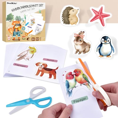 Kinder Papierschnitt Set, 2 Stück Kinder Sicherheit Schere + 48 Blatt Papier mit je 2 Tieren, Papierschneid-Aktivitätsset Vorschule Kindergarten Kita Spaß DIY Lernspielzeug Pädagogisches Spielzeug