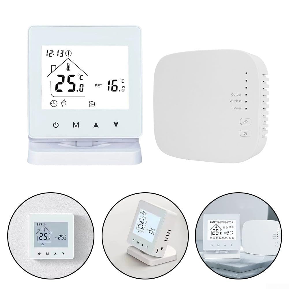 Termostato de calefacción de suelo RF433 no programable con rango ajustable de 5 a 95 °C, control de precisión de 0,5 °C, modos temporales automáticos manuales flexibles, bloqueo infantil activado por