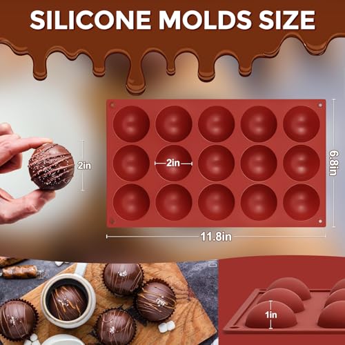 Image of Medium 15-Cavity Semi Sphere Silicone Molds Non-Stick,2 Packs 2 inchHalf Sphere Silicone Baking Molds for Making Jelly, Cake, Chocolates Bombs