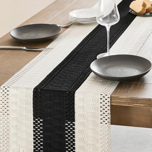 Image of ZeeMart Macrame Style Bicolor Stitching Table Runner, 14 x 36 Inch Black /Ivory, Boho Table Runners 36 Inches Long, Farmhouse Woven Home Decor