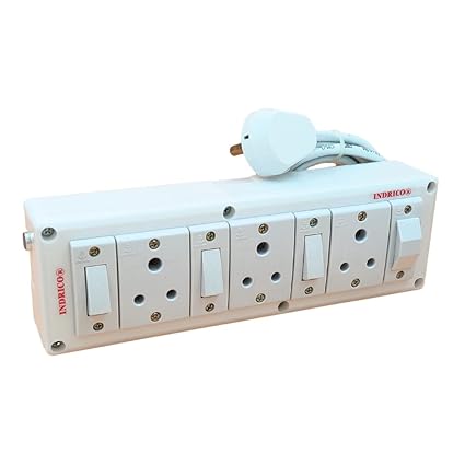 INDRICO Electrical Power Junction Box With Individual Switches Sockets, Long Wire Cable Wall Fitting Board Electric Extension Multi Outlets Spike Guard Pvc White Pack Of 1, 240 Volts