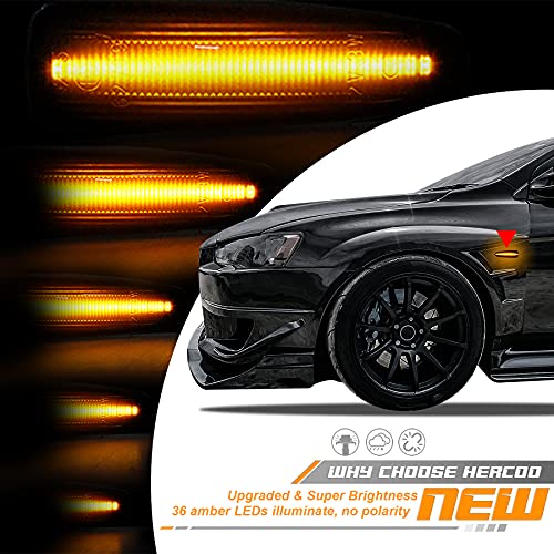 Hercoo Sequential Blink Amber Led Side Marker Light Assembly Compatible With Mitsubishi Lancer Outlander 2008-2013 Turn Signal Lamp Smoked Lens, Pack Of 2 #TOP2