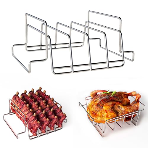 KIKIBRO Turkey Roasting Rack, Rib Racks for Grilling and Smoking, Stainless Steel Turkey Rack for Large Big Green Egg and Kamado Joe, 4 Slot Rib Rack, 11.1 x 10.75